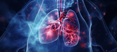 Detailed 3d illustration of lungs, highlighting respiratory system and healthcare concept.の素材