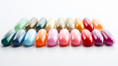 Vivid assortment of colorful pills arranged in an eye catching collection on a pure white backgroundの素材