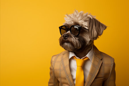 Stylish dog in sunglasses and suit with tie on yellow background with copy space on left for textの素材