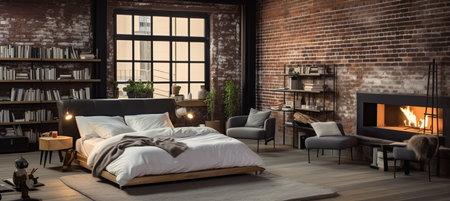 Cozy loft bedroom with fireplace, brick wall, and comfortable bed adorned with pillow and coverletの素材