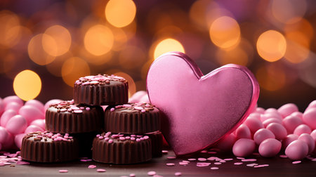 Assorted chocolates on blurred bokeh background, vertical composition with sweet candy treatsの素材