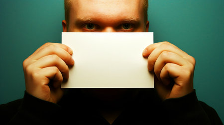 Handsome caucasian man holding blank placard for text and ads on pastel blue backgroundの素材