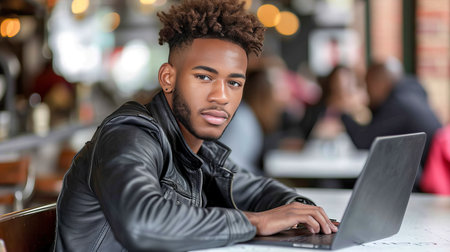 Young black man working on laptop at coffee shop, freelancer or student in vibrant cafeの素材