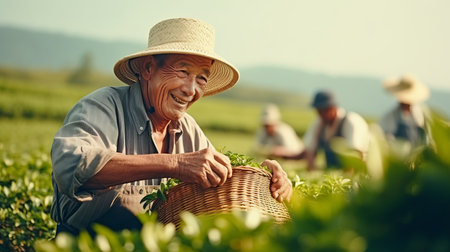 Portrait of a smiling chinese man picking tea in a bright summer field with abundant natural lightの素材