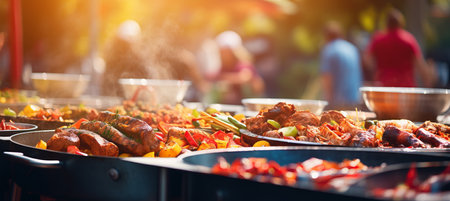 Blurred bokeh effect blending into food festival ambiance with street food and drinksの素材