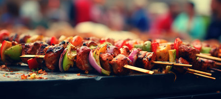 Blurred bokeh effect blending into mesmerizing food festival ambiance with street food and drinksの素材