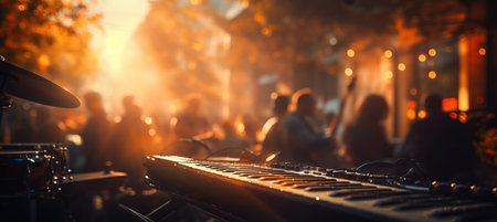 Blurred bokeh effect at music festival with live band performing on stage and crowd dancingの素材