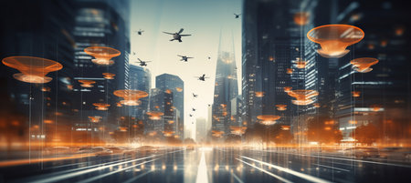 Futuristic cityscape with neon lights, skyscrapers, and flying drones delivering financial servicesの素材