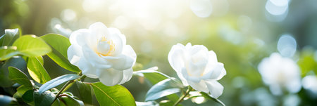 Elegant white gardenia with magical bokeh background, ideal for text placement on the left sideの素材