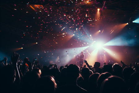 Blurred bokeh effect at vibrant concert stage with colorful lights and mesmerizing crowdの素材