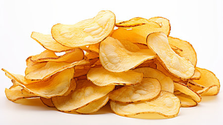 Crunchy potato chips isolated on white background with ample copy space for text or designの素材