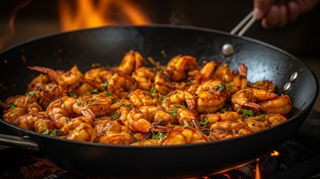 Skilled chef cooking tiger prawn on modern kitchen with defocused background and text spaceの素材