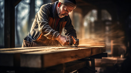 Experienced handyman meticulously drilling wood for a home improvement project with precisionの素材