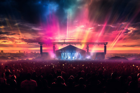 Vibrant music festival scene with blurred background, stages, crowds, and flags for event branding.の素材