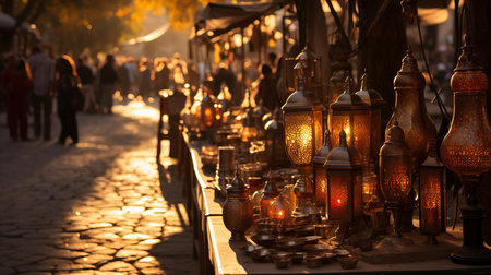 Vibrant middle eastern bazaar  colorful tents, ornate rugs, exotic spices, radiant sunの素材