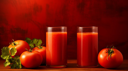 Fresh tomato juice in glass on wooden table with isolated solid red background for text placementの素材