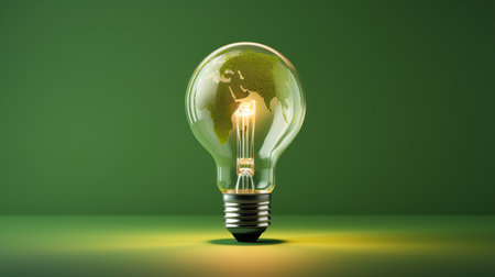 title. Green Energy. Sustainable Solutions with the Green World Map on a Light Bulbの素材