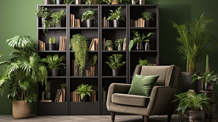 Modern scandinavian living room with green sofa, chair, and bookshelf against a green wall.の素材
