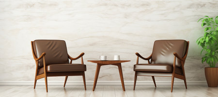 Modern living room with brown lounge chairs, white sofa, and round coffee tables against marble wallの素材