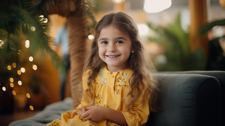 Latin woman shopping online on mobile phone and texting messages on sofa in cozy living roomの素材