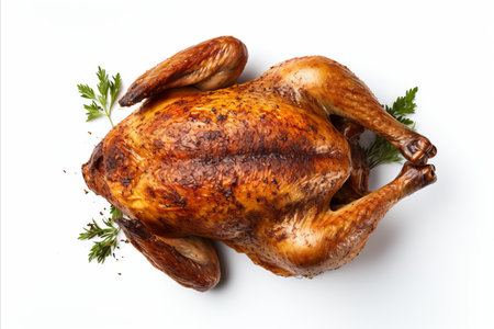 Delicious roasted chicken on isolated white background, top view of mouthwatering dishの素材