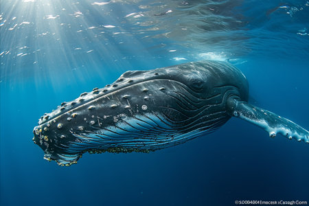 Majestic humpback whale gracefully gliding through the depths of the mesmerizing ocean watersの素材