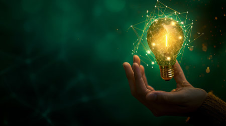 hand holding electrical bulb with empty space for text on dark green magical backgroundの素材