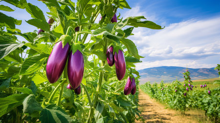 Lush and abundant eggplant harvest growing on a vibrant open plantation under the warm summer sun.の素材