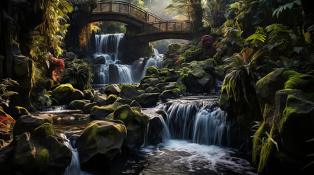 Tropical paradise with clear waterfalls, vibrant parrots, and blooming flowers in radiant sunshineの素材