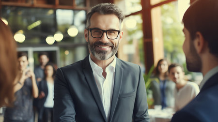 Successful business partnership  smiling middle aged men shaking hands at office meetingの素材