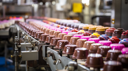 Efficient production line of chocolate candy on conveyor belt in confectionery factoryの素材