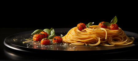 Exquisite italian spaghetti pasta served on a stylish black plate with a captivating dark backgroundの素材