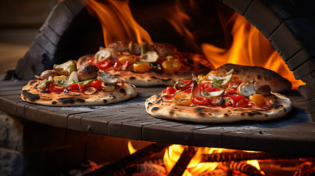 Deliciously freshly baked pizza with traditional wood fired oven as a mouthwatering backgroundの素材