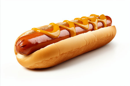 Delicious hotdog with tangy mustard, ketchup, and crunchy pickles on white backgroundの素材