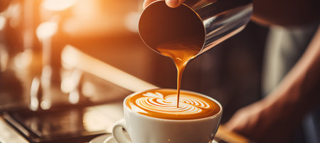 Skilled barista preparing delicious cappuccino with text space on the left side for customizationの素材