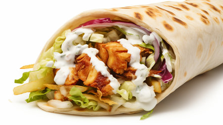 Delicious chicken shawarma or doner roll with mouthwatering flavors on white backgroundの素材