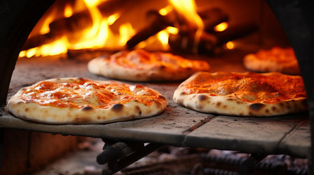 Deliciously freshly baked pizza close up with traditional wood fired oven in the backgroundの素材