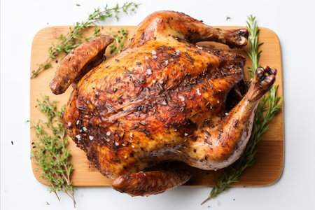 Delicious roasted chicken on isolated white background, top view of a mouthwatering mealの素材