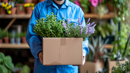 Efficient courier service  delivery man in blue uniform delivering package to customer s doorの素材