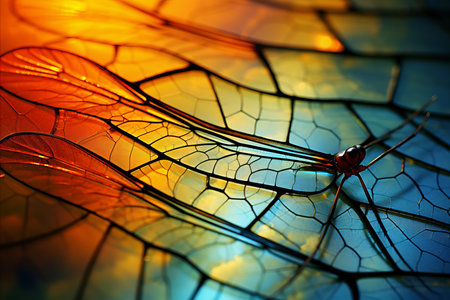 Close up view of damselfly s iridescent wing with intricate veining and shimmering colorsの素材