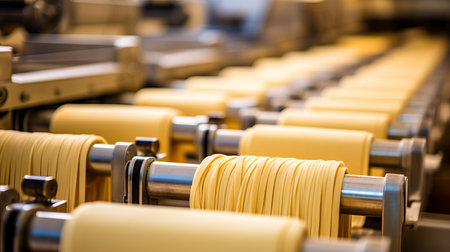 Efficient pasta manufacturing process on conveyor belt in a modern confectionery factoryの素材