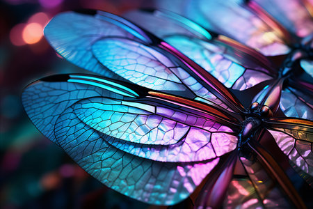 Close up of damselfly s iridescent wing membrane, showcasing intricate veining and shimmering colorsの素材