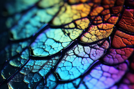 Close up of damselfly s iridescent wing membrane with intricate veining and shimmering colorsの素材