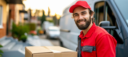 Cheerful delivery man in red cap and uniform delivering package to customer s home from a van truckの素材