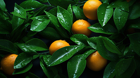 Fresh mandarins with green leaves   a vibrant and refreshing citrus display in a natural settingの素材