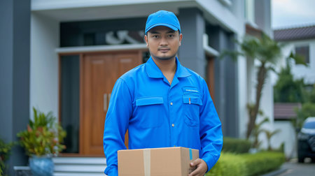 Delivery courier service  blue uniformed delivery man delivering package to customer s homeの素材