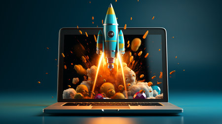 Whimsical cartoon rocket with vibrant flames shooting out of laptop screen against a blue backgroundの素材