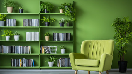 Scandinavian greenery  modern living room with green sofa, chair, and bookshelf against green wall.の素材