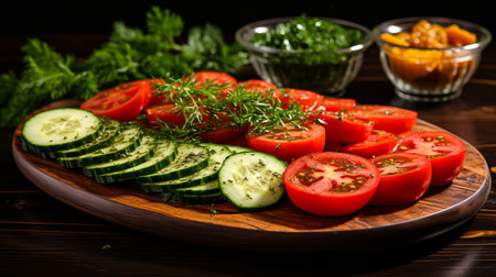 Fresh zucchini and cherry tomatoes on a wooden kitchen board, softly lit with diffused lightの素材