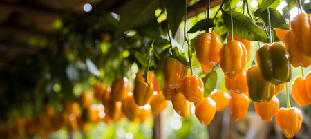 Lush and colorful bell paprika harvest growing on an open plantation during a beautiful summer day.の素材